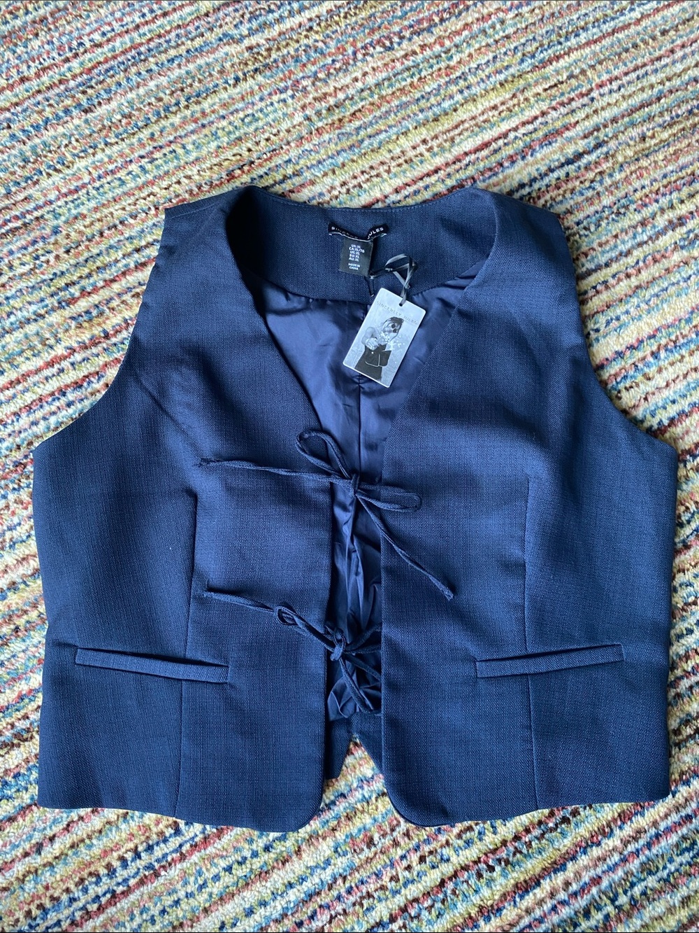 Sincerely Jules Navy Blue Textured Vest with Satin Linking and tie front